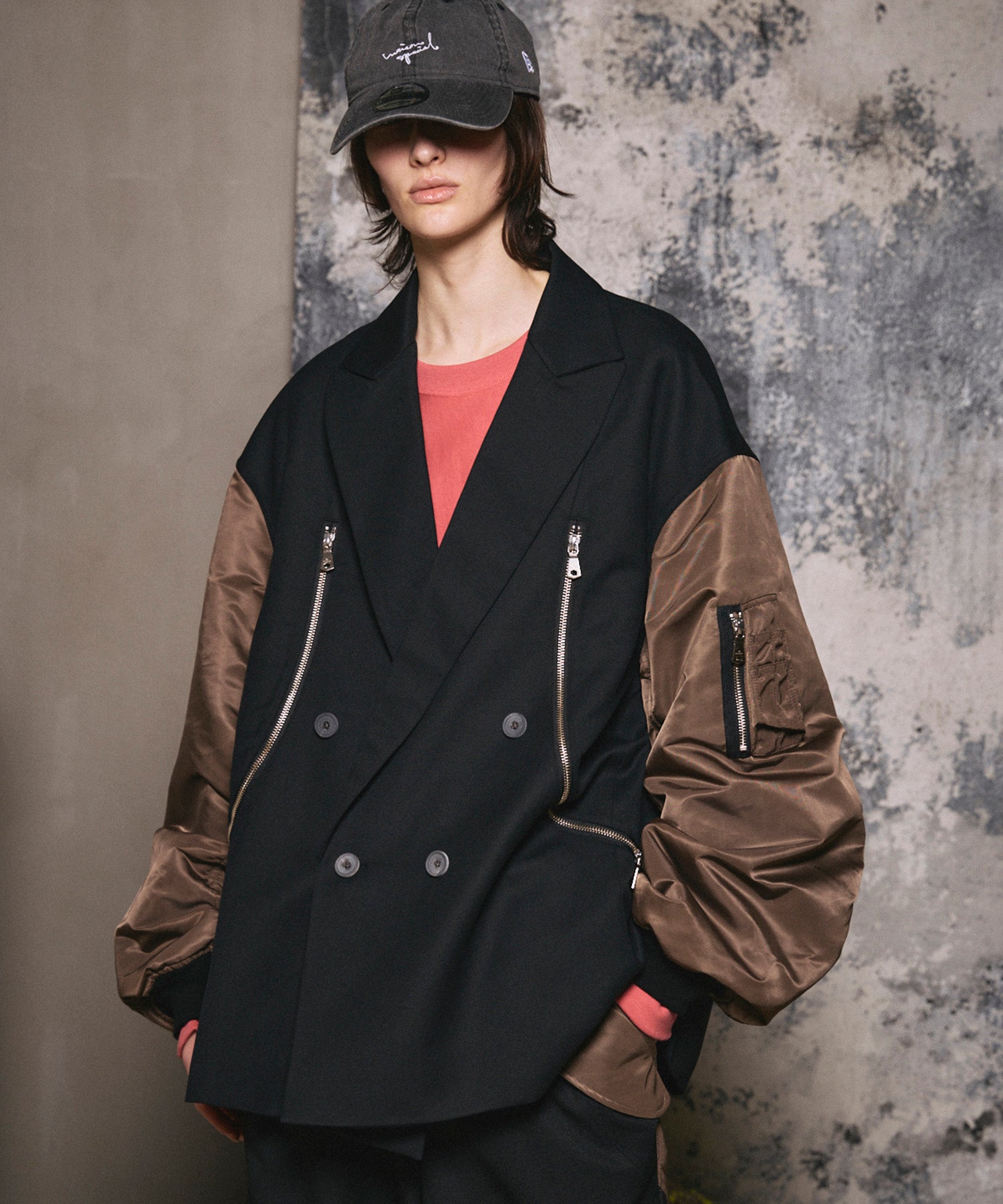 Prime-Over MA-1 Sleeve Double Breasted Curved Zip Tailored Jacket