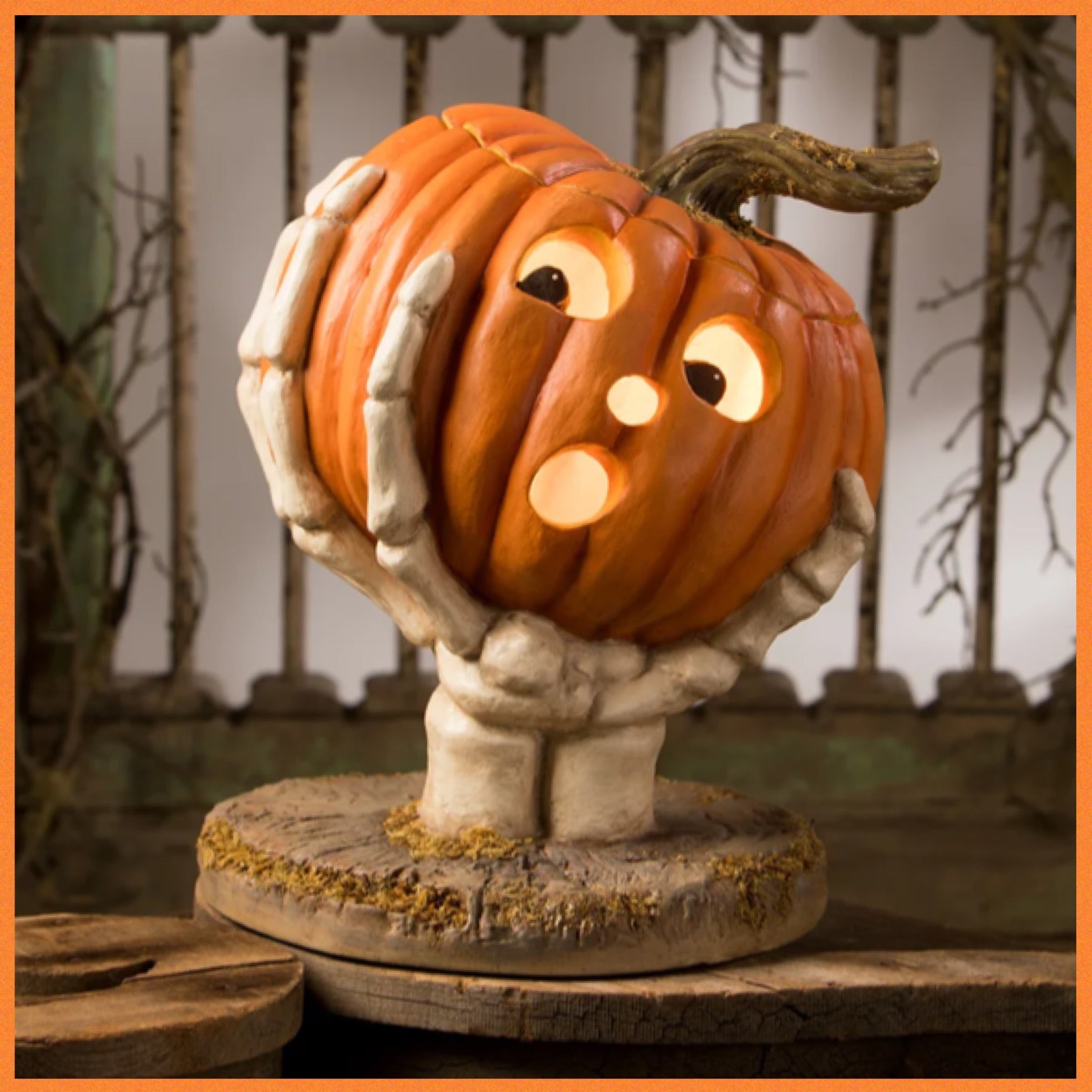 Bethany Lowe Halloween Gotcha Pumpkin Jack-O-Lantern in Skeleton