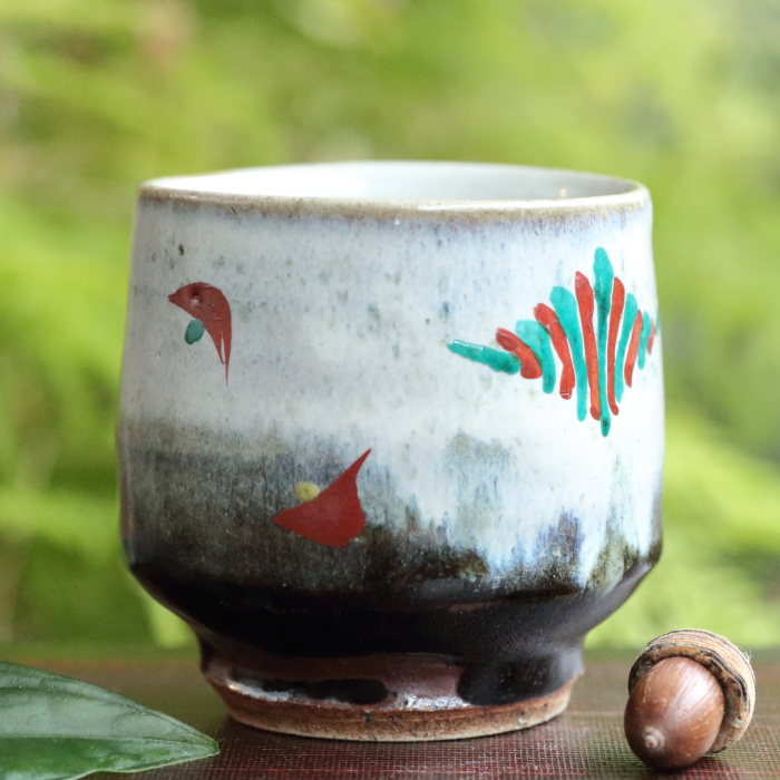 濱田友緒 掛合赤絵湯呑み茶碗 満容量260ml 作家ものカップ 薪窯焼成