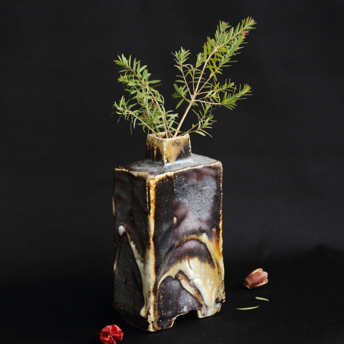 松崎健 窯変曹達扁壺 穴窯焼成陶花器 花入れ 作家もの益子焼 共箱 花瓶