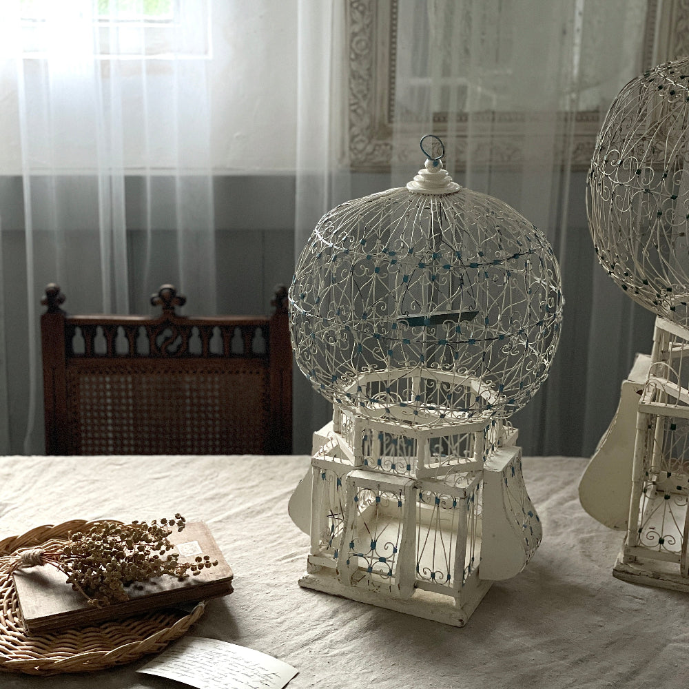 1920年代白ペイントのバードケージ（鳥籠）小（高さ51cm） フランス