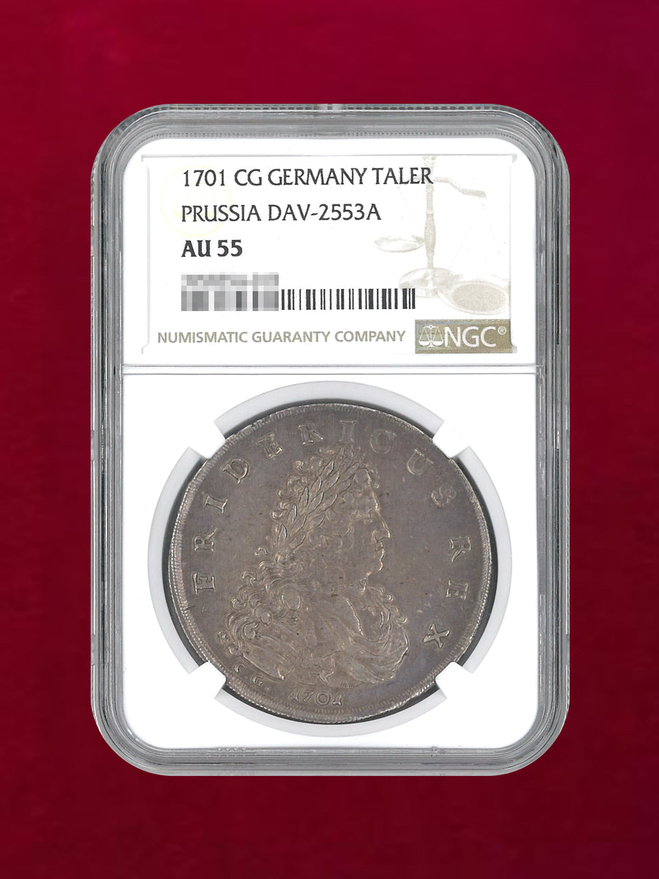 ドイツ・プロイセン】ターラー 銀貨 PRUSSIA 1701CG NGC AU 55［B