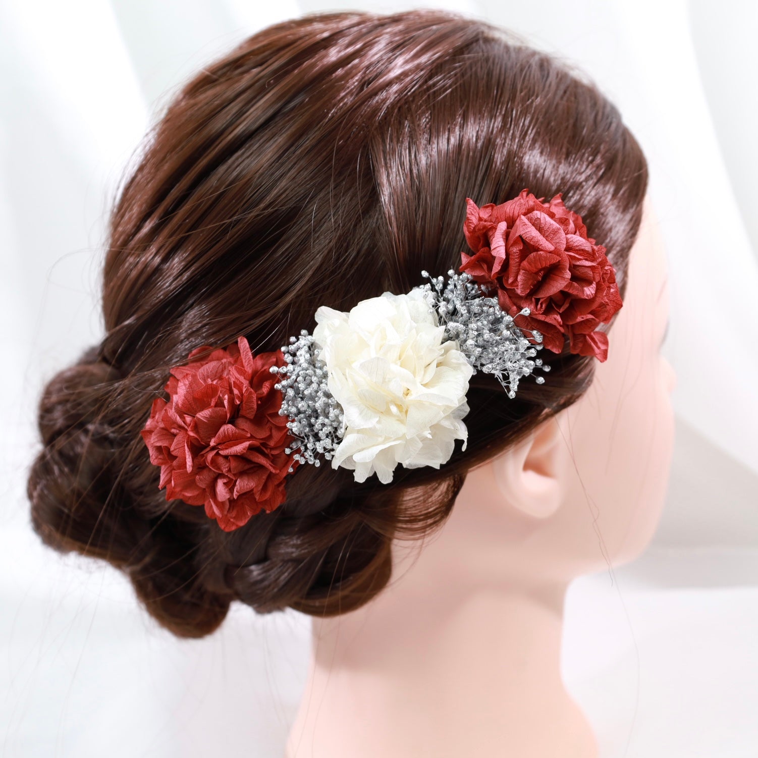 髪飾り シルバーレッド【ヘアアクセサリー 花 ドライフラワー