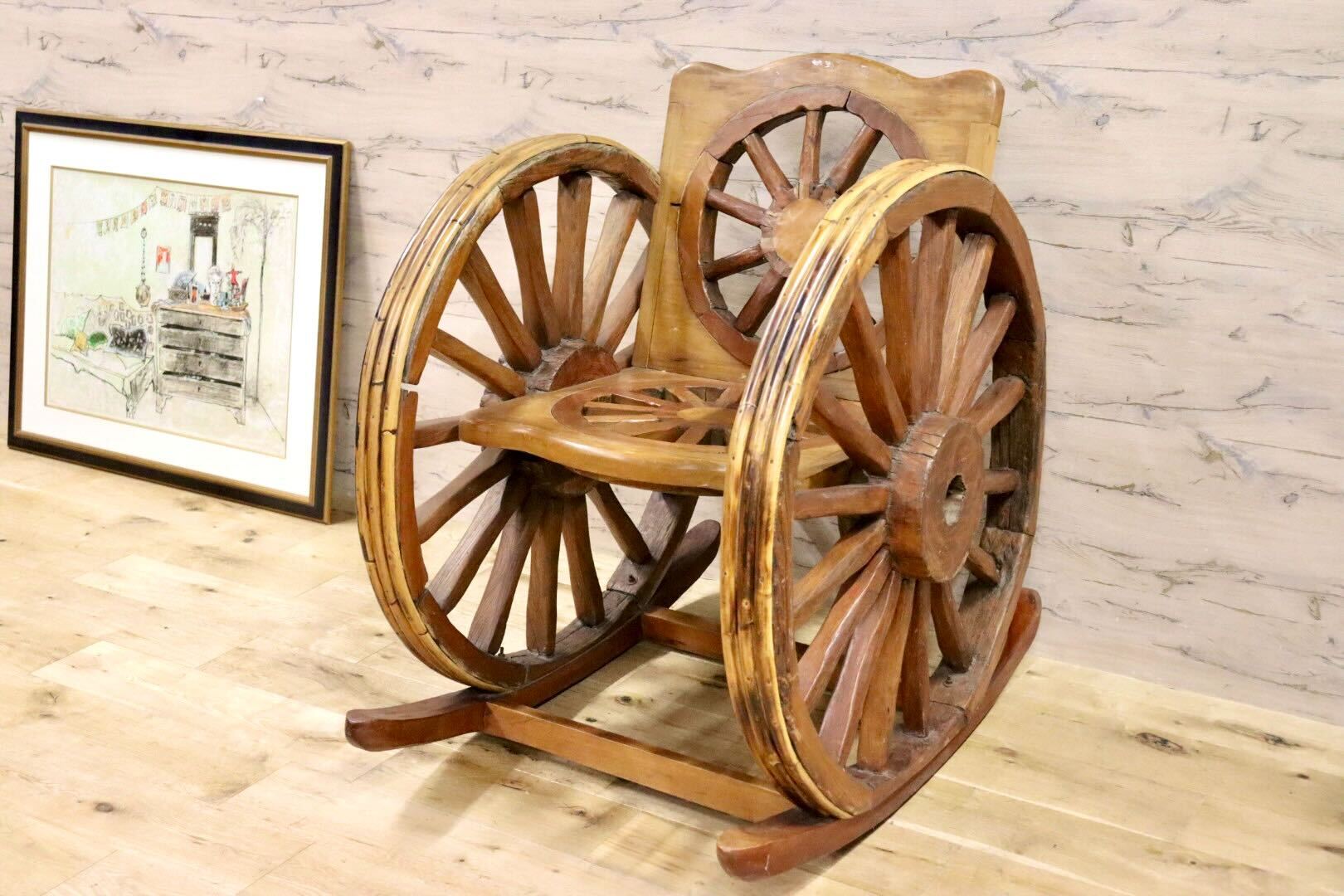 GMGS59○車輪デザインベンチ アジアン 家具 ロッキングチェア 木製