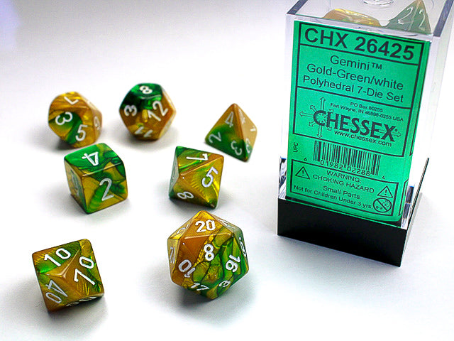 Chessex: Gemini Gold-Green/White Polyhedral 7-Die Set (CHX26425