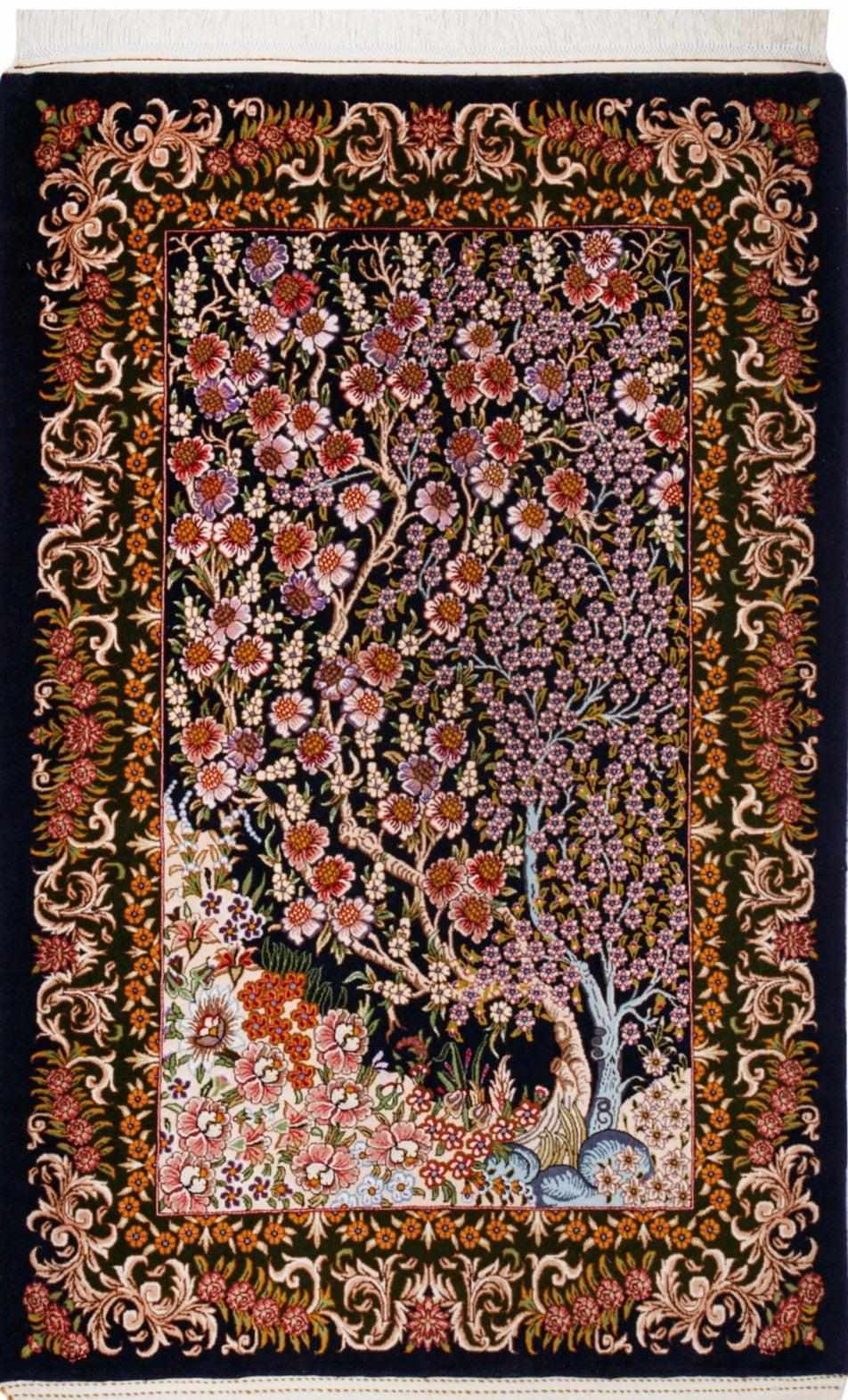 ペルシャ絨毯 クム産 コルク＆シルク 生命の樹 壁飾り・玄関マットに