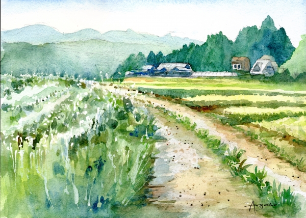 初秋田園風景 | レオくんの水彩スケッチ
