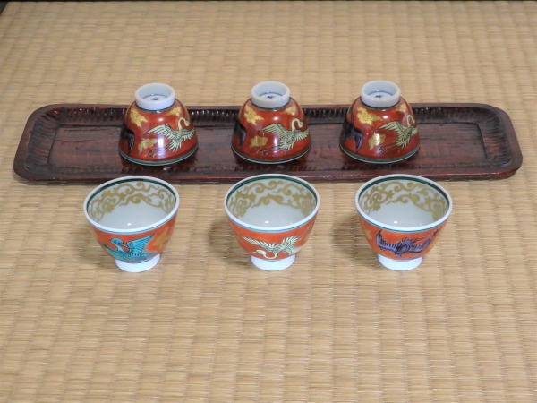 三浦篤(2代 竹軒) 赤地着彩金襴手雲鶴紋 煎茶碗 6客 | 坂井春明堂