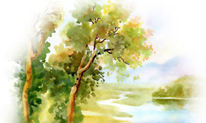 湖畔树木风光水彩绘画创意高清图片_大图网图片素材