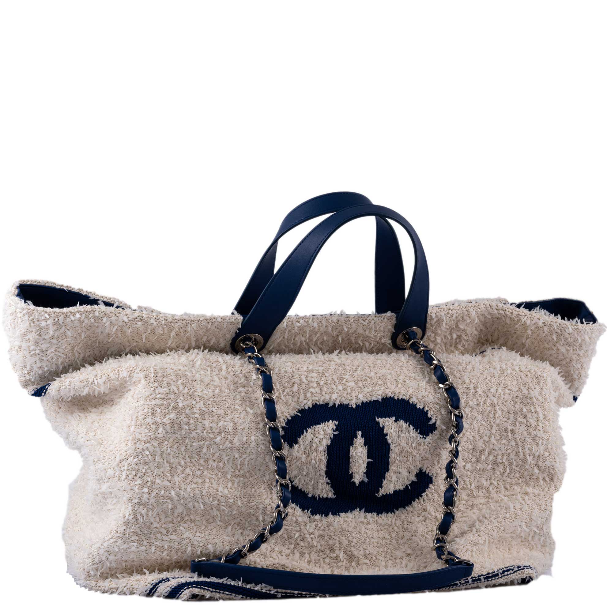 Chanel Venise Biarritz CC Tote XL White and Navy Canvas | JANEFINDS