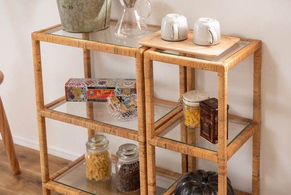 ラタン 藤 ガラス3段 棚 格子 飾り棚 収納 花台 入手困難 ヴィンテージ