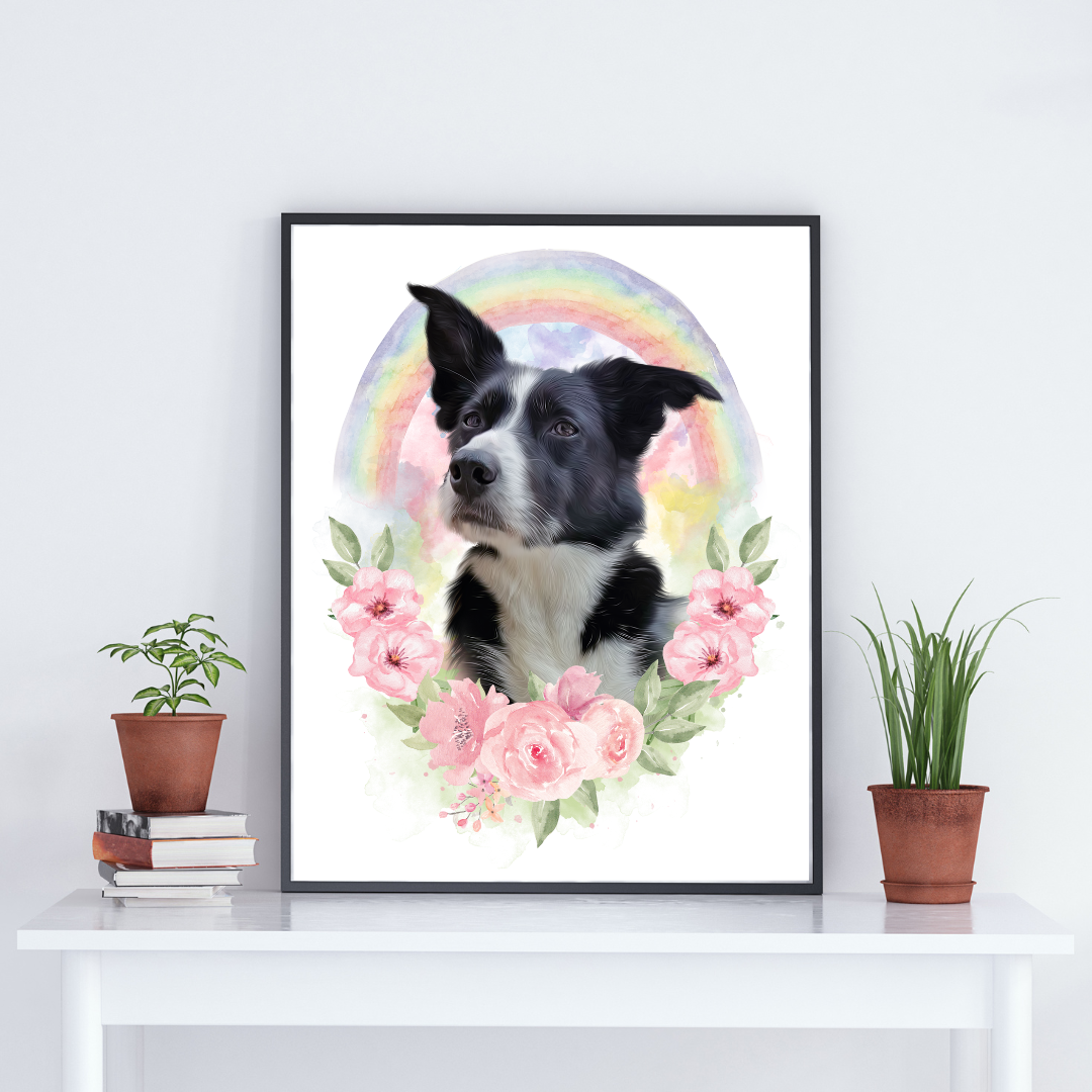 ペット似顔絵オーダー 肖像画 水彩画 虹組限定デザイン 虹の花 ペット