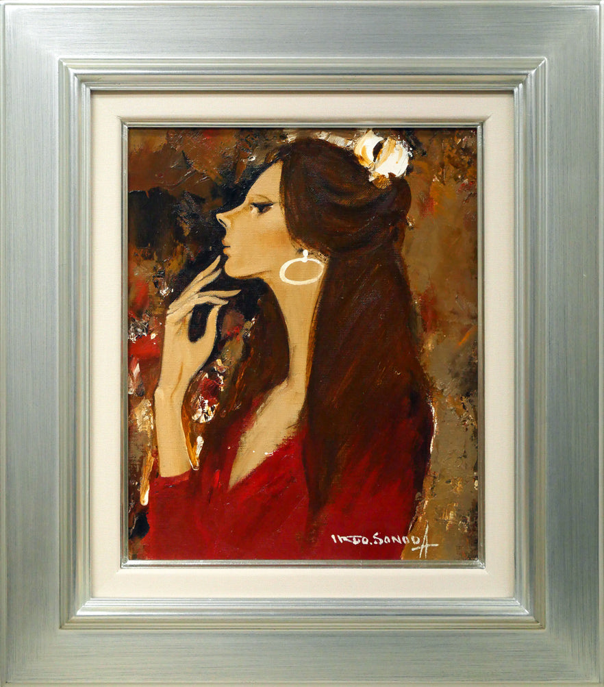 園田郁夫「女性像（赤い服）」油絵・F3号 絵画買取・販売の小竹美術