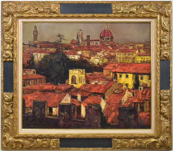 浮田克躬「フィレンツェのあかい屋根（イタリア）」油絵・F20号 絵画