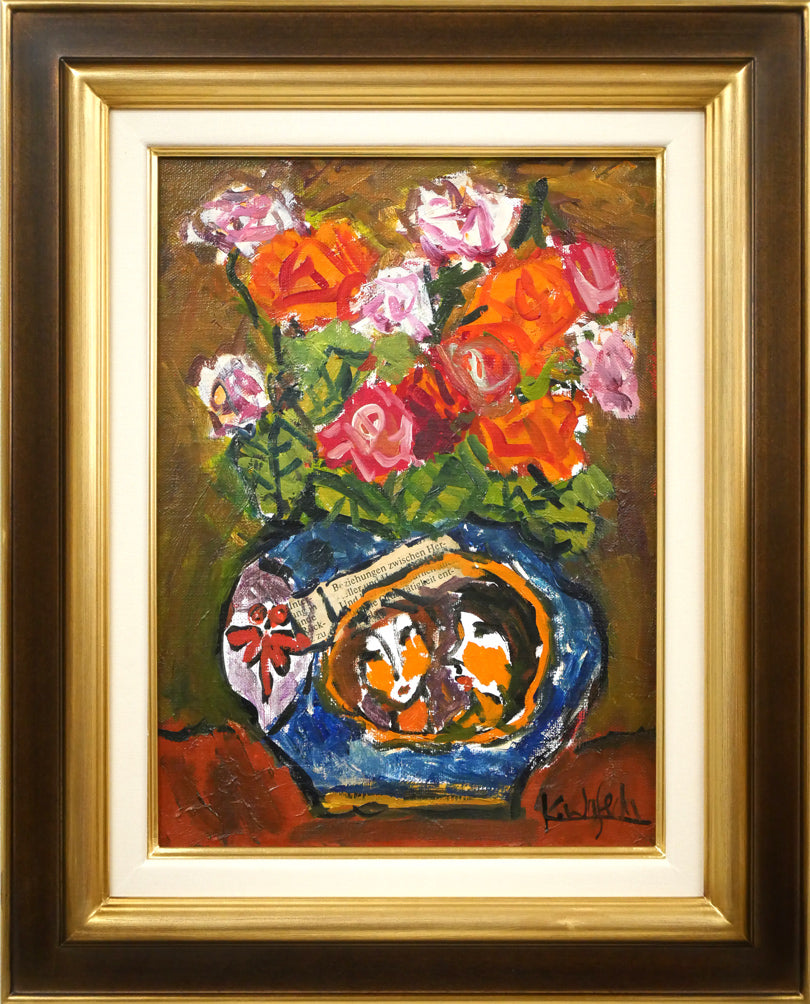 早稲田員久「バラ」油絵・コラージュ・F4号 絵画買取・販売の小竹美術