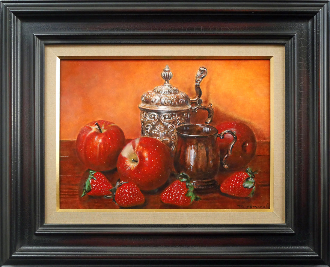 山中雅彦「果物のある静物（りんご・いちご）」油絵・F4号 絵画買取