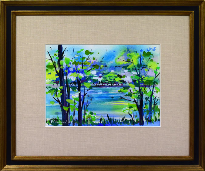 酒井芳元「京都風景（池畔）」水彩画・4号 絵画買取・販売の小竹美術