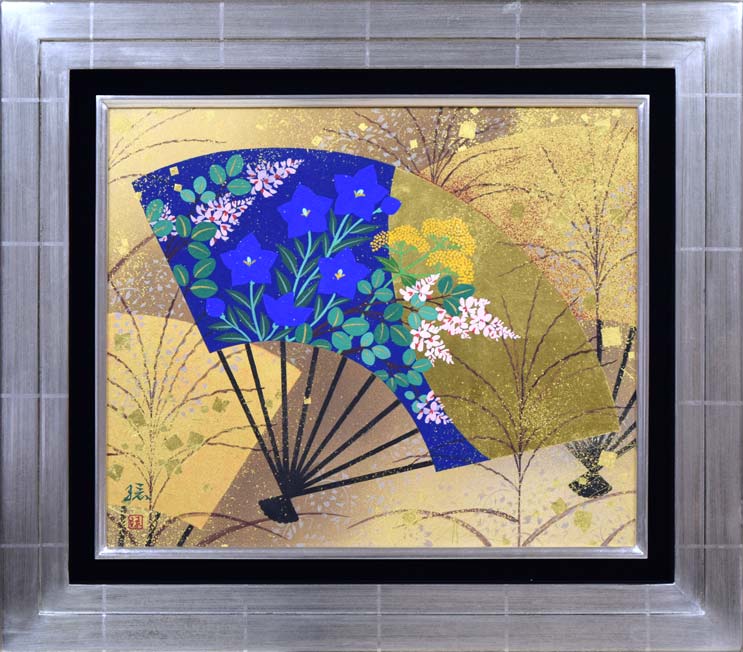 植田環「扇面輝図 月に秋草」日本画・F8号 絵画買取・販売の小竹美術