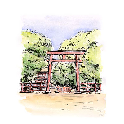 水彩画 京都 下鴨神社 鳥居 京都市左京区下鴨泉川町 谷村 勲 「風景