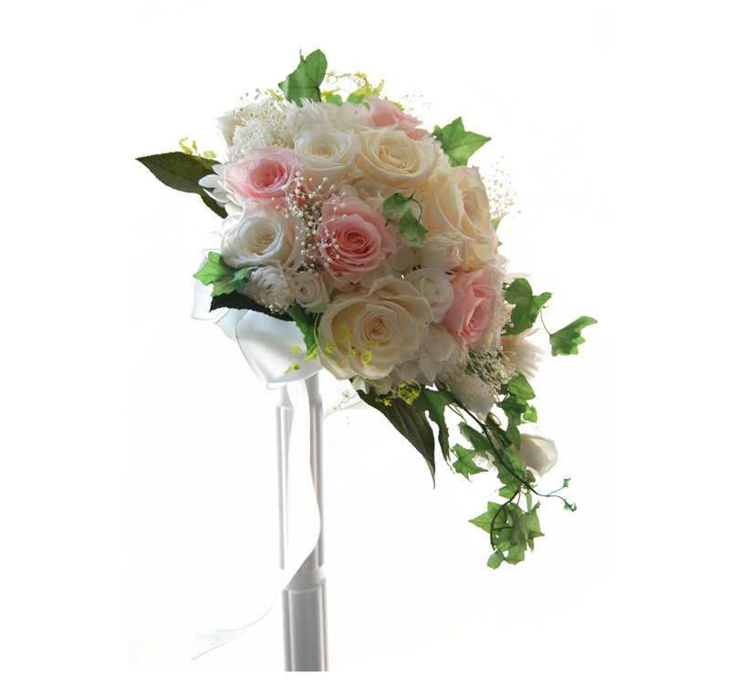 ティアドロップのウェディングブーケ、ブートニア、ヘッドドレス