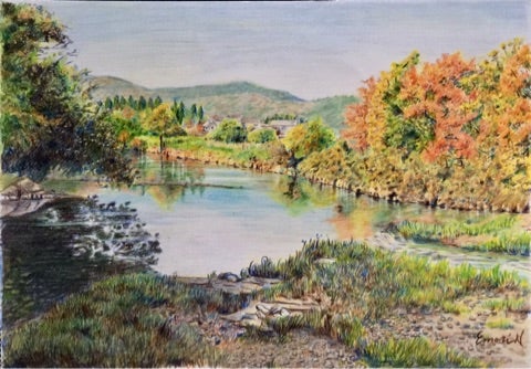 色鉛筆画【秋の風景】も完成=(^.^)=『晩秋の川辺』 | えもりんのブログ