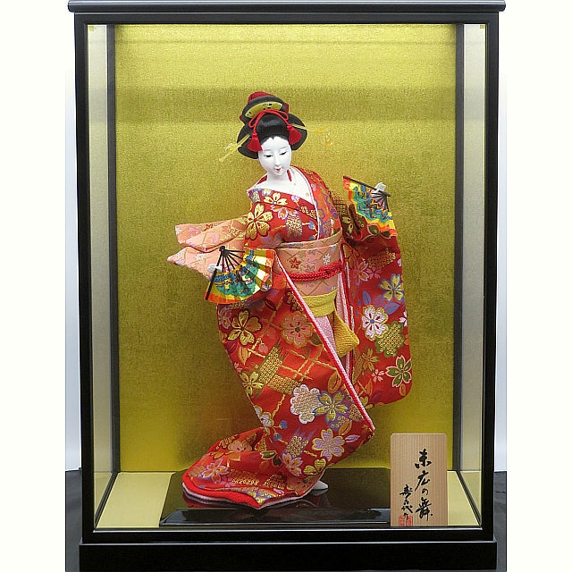 尾山人形 金襴 末広の舞 二舞扇 10号 ガラスケース入り – スガ人形店