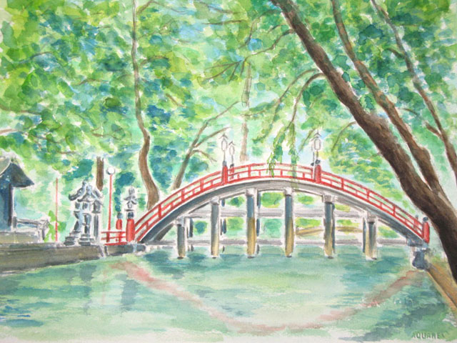 杉立 稔の水彩画・油絵「青の魅惑」 » 太鼓橋 (大阪 住吉大社)