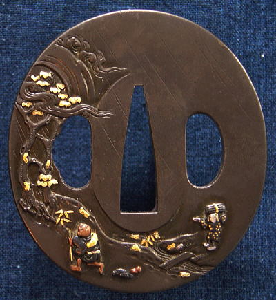 鉄元堂 正楽(花押) ・ 夕立の図 鍔 縁頭