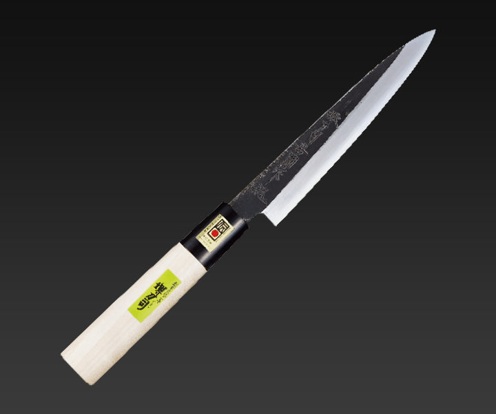 堺の包丁】岩國作 白鋼 水牛口金白丸柄 和ペティナイフ（両刃）黒打