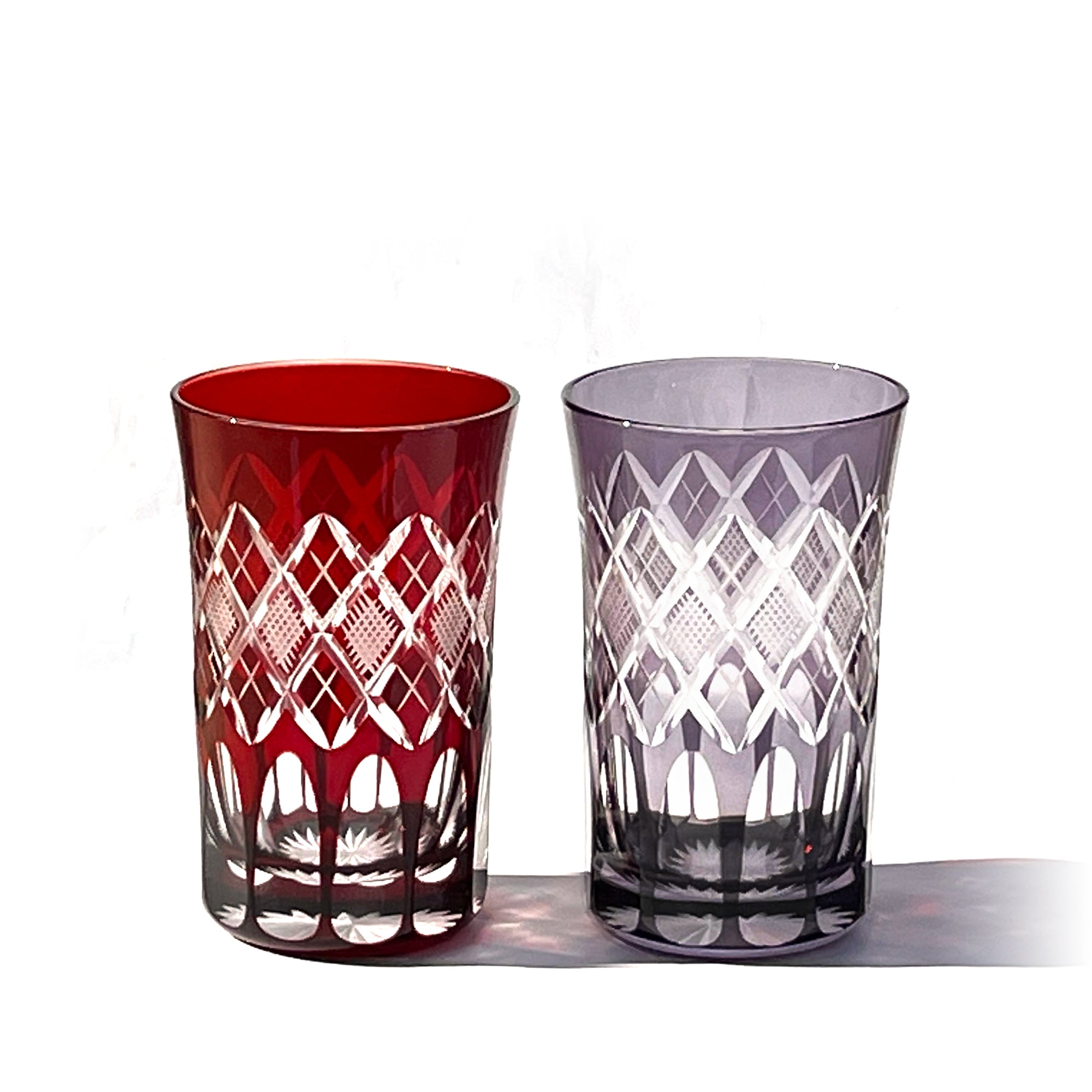 江戸切子 矢来魚子紋 タンブラーペア 赤・江戸紫 ｜江戸切子グラスなら