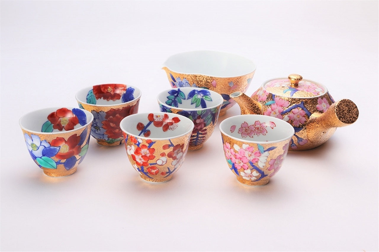 ティー用品 「茶器セット 金彩 桜 木箱付」 金龍窯 江口天童 有田焼