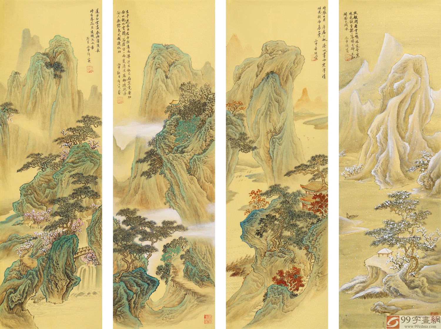 中国古美術☆純手描き四条屏・人物画芯☆国画・斉白石印款・肉筆・宣紙