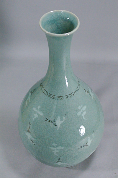 趙京陶芸研究員 趙奉洙作 韓国青磁 雲鶴花瓶 【器道楽】