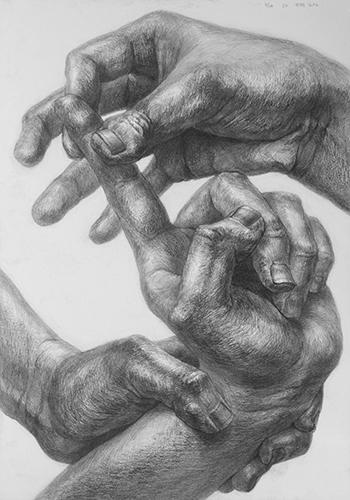 鉛筆デッサン[テーマ「手を握る両手」B3クレセントボード] 多摩美術