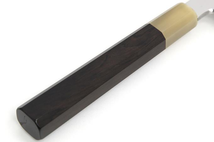 柳刃包丁 尺一 本焼 純日本鋼 鏡面 白水牛黒檀八角柄 白鞘・箱付