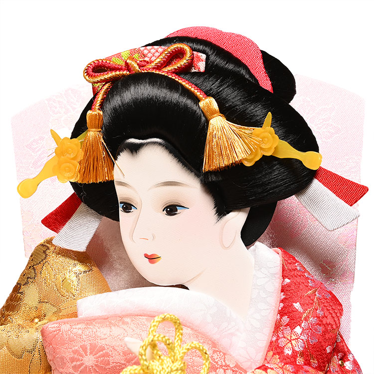 15号花駕籠：桜刺繍＆桜柄金襴振袖押絵羽子板手毬付ケース：伏見屋監修