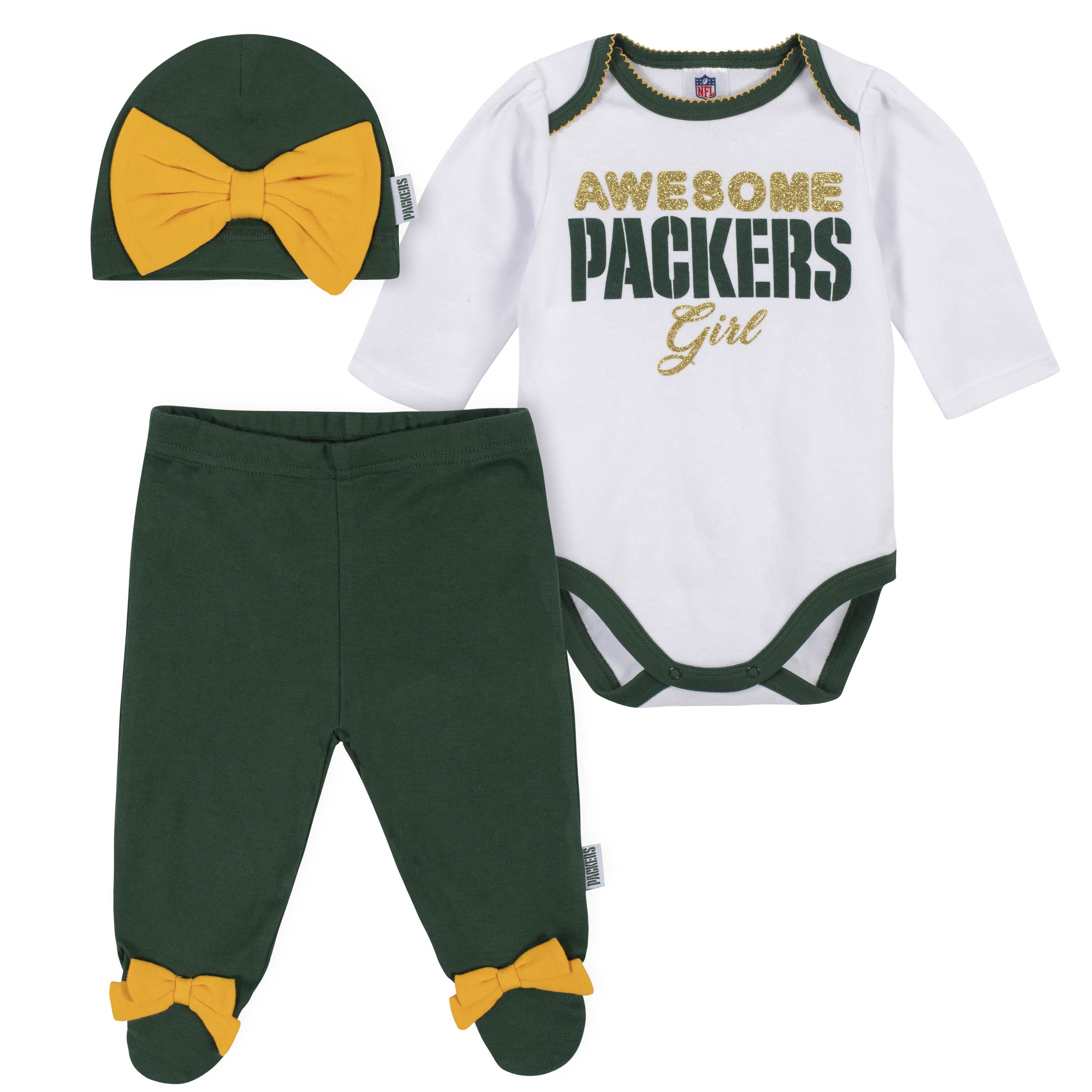 3-Piece Baby Girls Green Bay Packers Bodysuit, Footed Pant, and