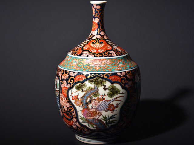 献上手古伊万里焼】花瓶 染錦本金鶉図