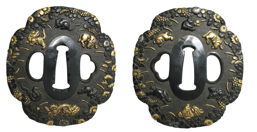 つば 鍔 鐔 十二支 干支 服部美術刀剣店 赤銅七魚子地 刀装具 Tsuba