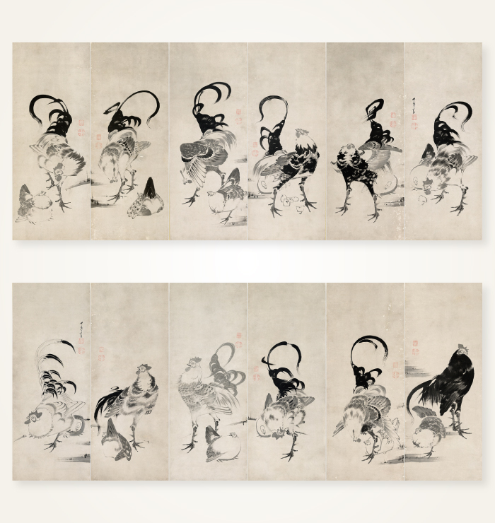 鶏図押絵貼屏風 | 作品紹介 | 伊藤若冲 - 若冲が生きた京都とその時代