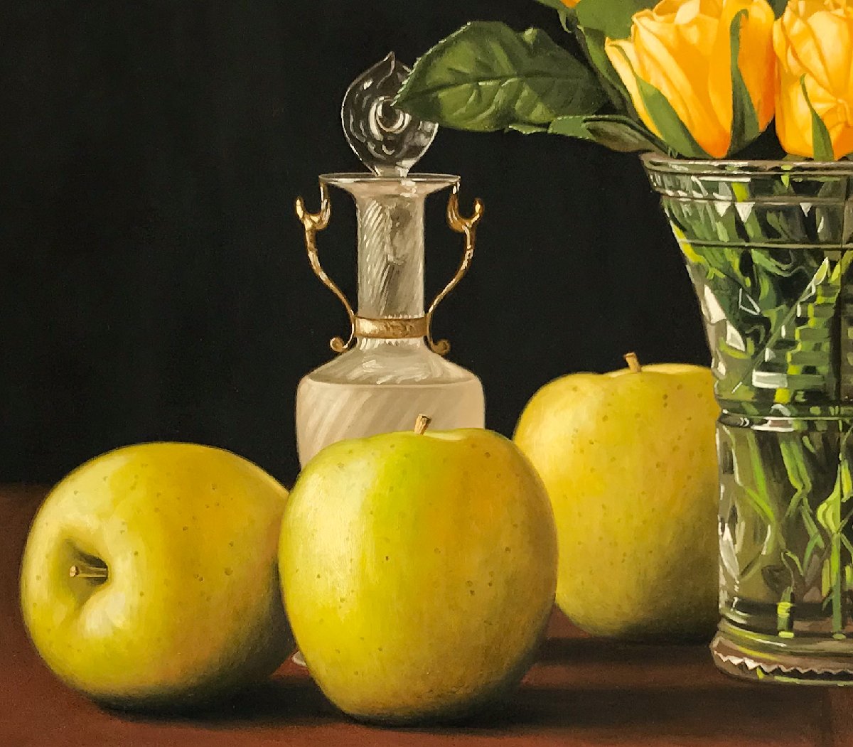 港信夫(1964-2019)○油彩10号『黄色い薔薇と果実』夭折の写実静物画家