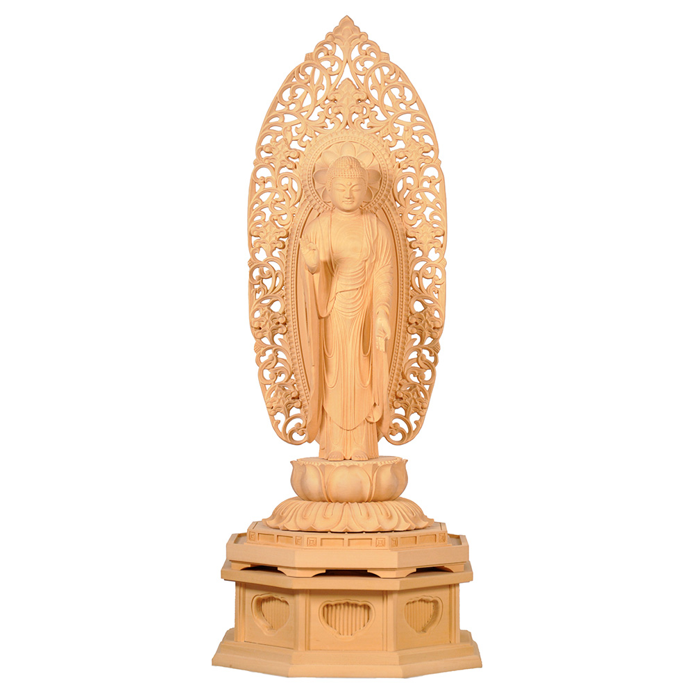 柘植 最上彫 大仏座八角台座 唐草光背 舟立弥陀 4.5寸台付 - 創業150年