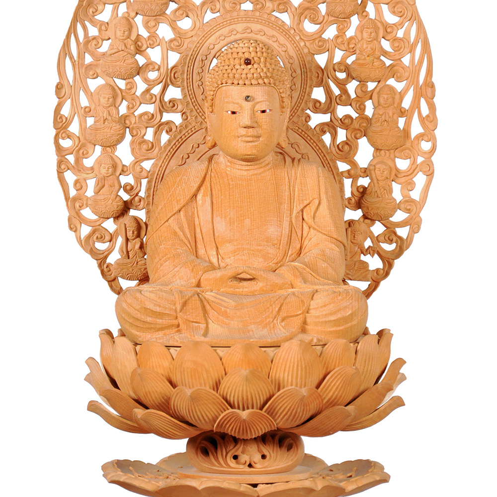 本柘植 金剛蓮華台座（手彫）十三仏光背（一枚材 手彫）桧 釈迦如来