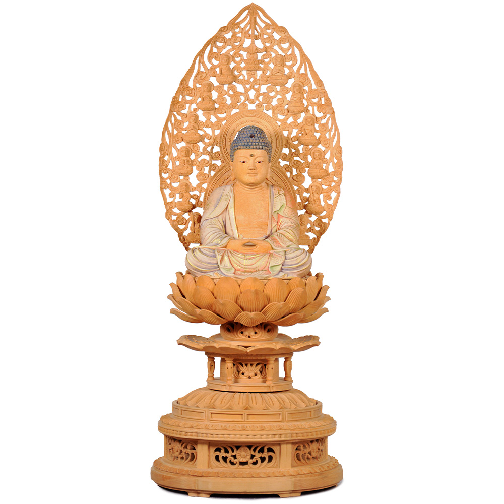 本柘植 金剛蓮華台座（手彫）十三仏光背（一枚材手彫） 白木 釈迦如来