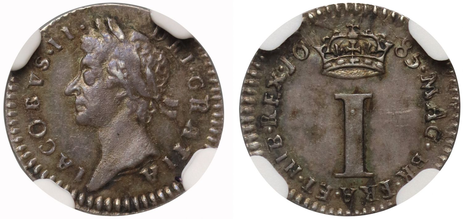 James II 1685 silver Penny, finest graded NGC AU58