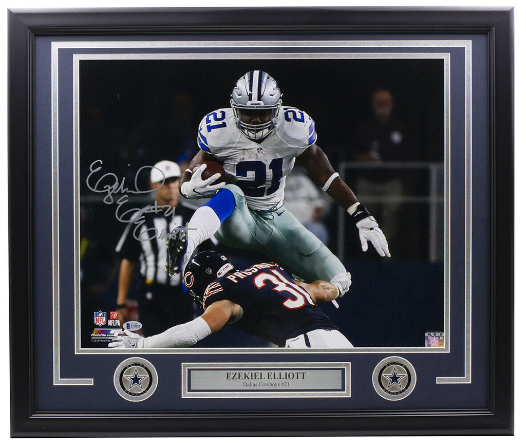 Ezekiel Elliott Signed Framed Dallas Cowboys 16x20 Hurdle Photo