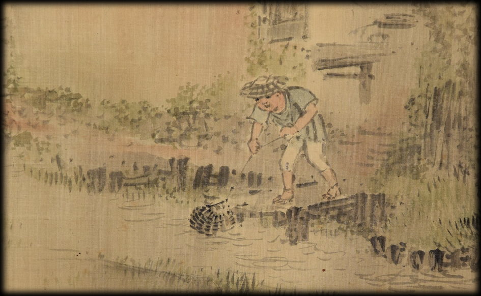 塩川文麟「人物風景山水図」：A-905j[掛け軸]古美術谷口