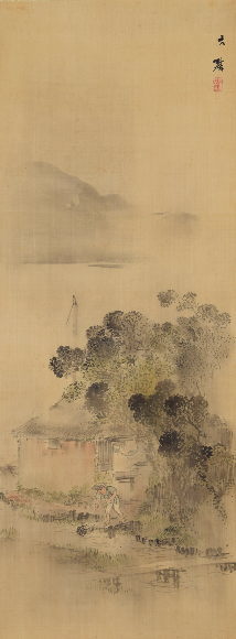 塩川文麟「人物風景山水図」：A-905j[掛け軸]古美術谷口