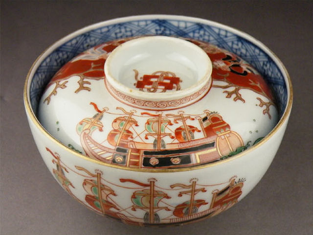 華 祥 大聖寺伊万里 紅毛人南蛮船図蓋茶碗