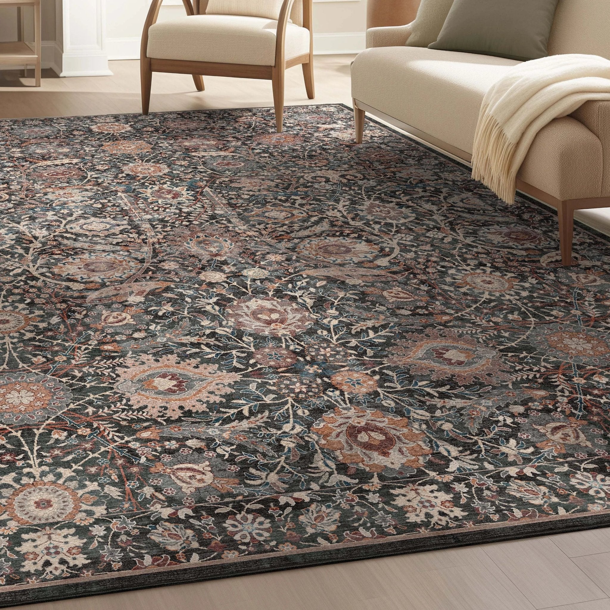 Asha Liana Vintage Oriental Charcoal Grey Washable Flat-Weave Rug